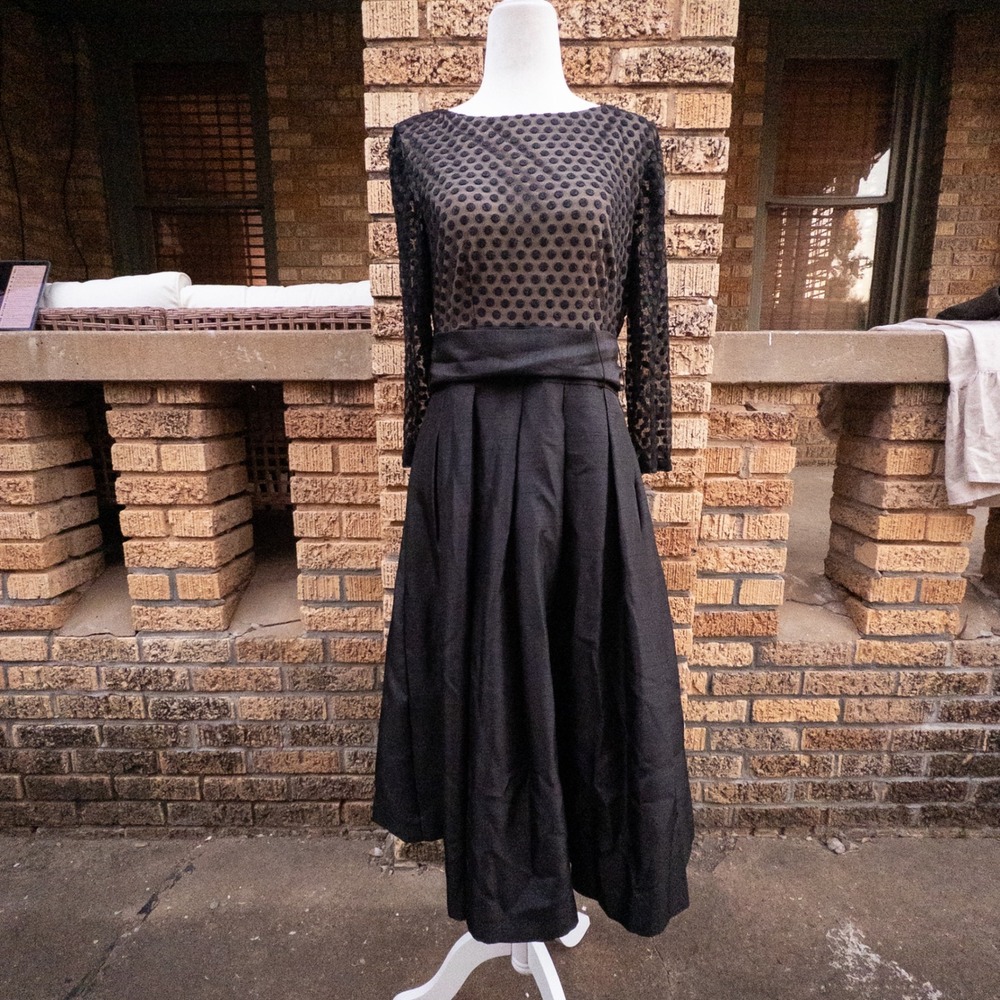 Jessica Howard Black Polka Dot Lace Long Sleeve Fit and Flare Midi Dress Size 8